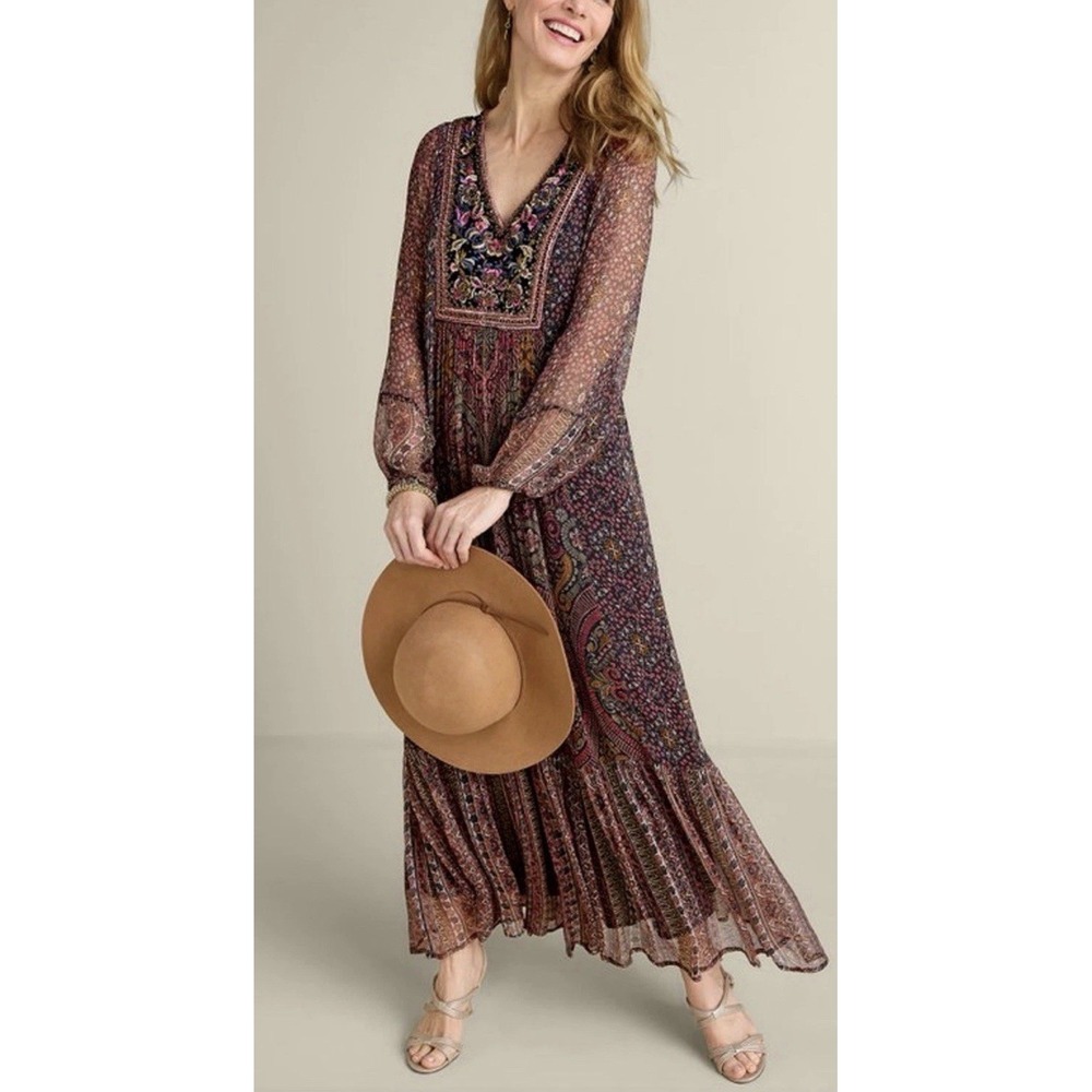 SOFT SURROUNDINGS ZELLIGE Maxi Dress 2X Boho Embroidered Ethnic Tuscan Peasant